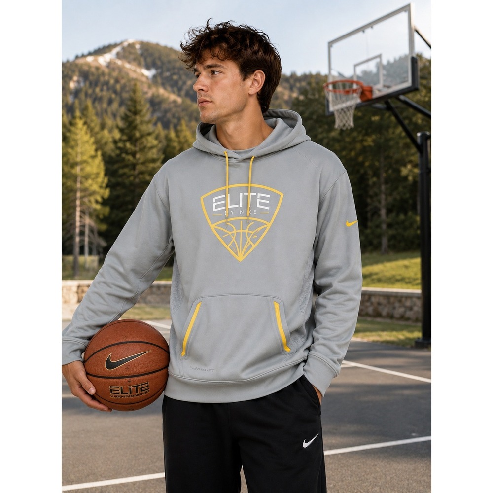 Retro Nike Basketball Elite Hoodie Mens L Grey Yellow Therma-FIT Pullover Fleece